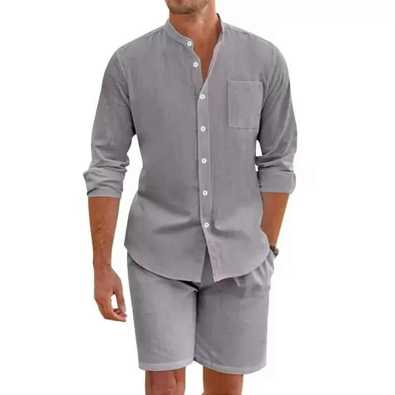 Men’s Casual Linen Set - Loose Fit, Breathable Shirt & Shorts - Ideal for Home, Walking, Outdoor - Multiple Colors - Excellent Gift -  Options - Men’s Apparel - Beige Long Sleeve - Formal, Clothes
