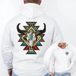 Western Outfit Hoodie Menswear Logo On Front And Detailed Bull Skull With American Aztec Pattern Cowboy Style Ranch Work On Back. Ideal For Western Wear And Outdoor Adventures
