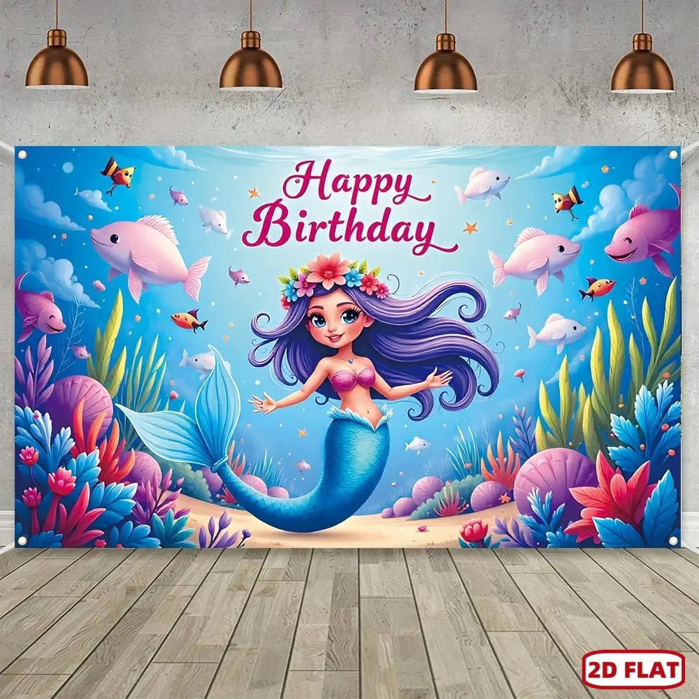 1-Piece Large Size 2D Flat Mermaid World Happy Birthday Banner, 70.8"x43.3" Polyester Photo Backdrop, Vibrant Ocean-Themed Party Decor with Colorful Coral & Tropical Fish, No Electricity Needed, Glam Look, Ocean Theme