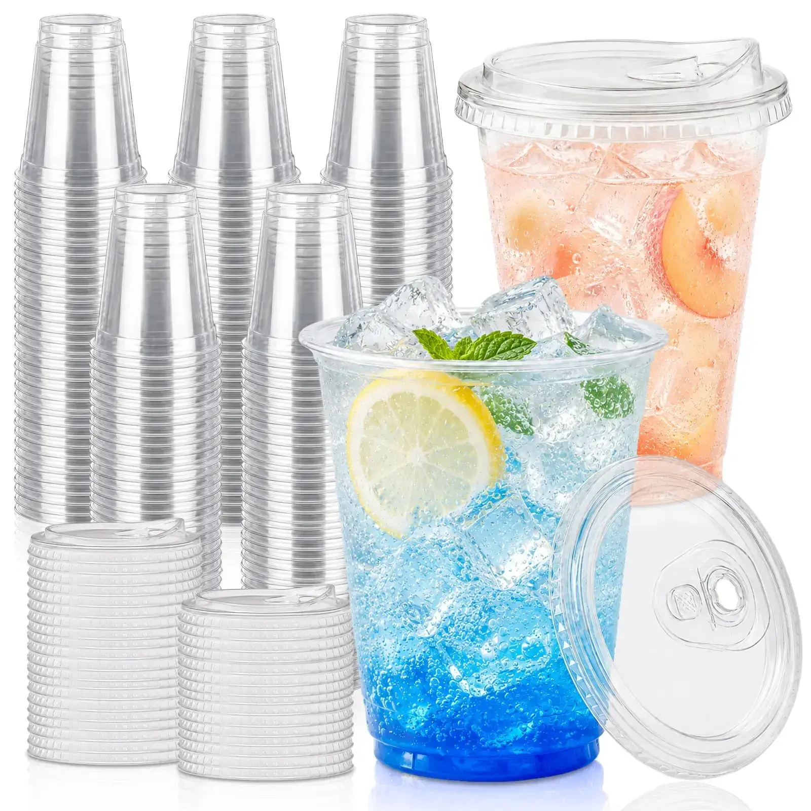 50-Pack 12-16oz Plastic Cups with Direct-Drink Lids Disposable Coffee protein shake Cups Round Bases No Handles Portable Birthdays Wedding Parties Ice Coffee To Go Cup New Arrivals Essential Girls' party reusable cup Disposable