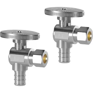 2 Pack Angle Stop Valve, Water Shut Off Valve 1/2" PEX x 3/8" OD Compression, Quarter Turn Chrome Plated Brass Valve