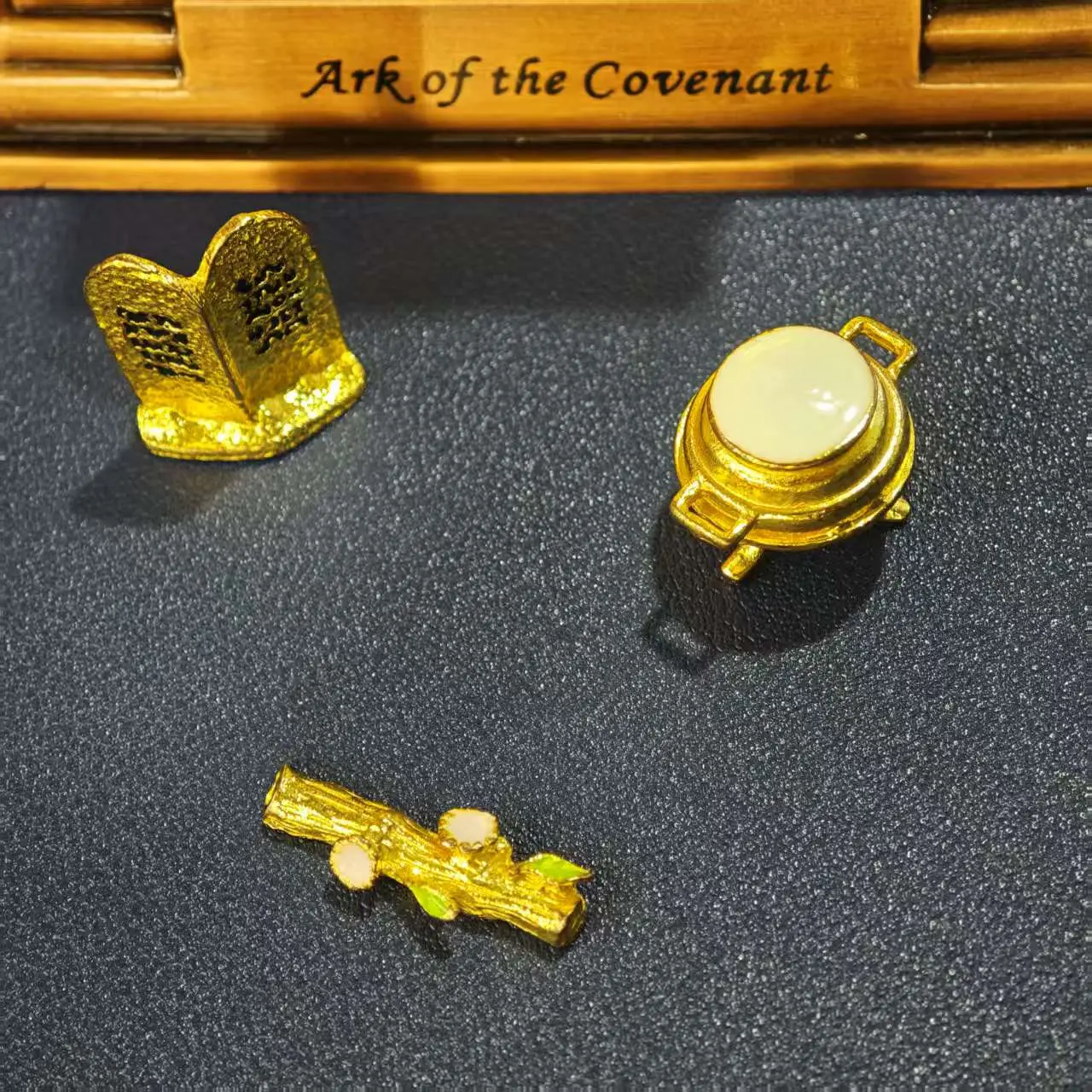 Golden 3-Piece Mini Ark of the Covenant Metal Judaica Accessory Set - Includes 10 Commandments Tablets, Aaron’s Rod, Manna Pot - Religious Home Decor Tabletop Figurine Gift