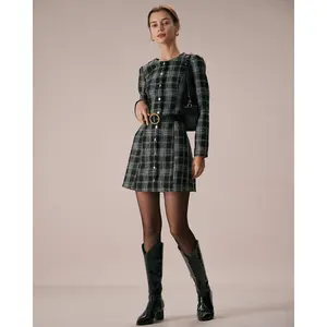 Rihoas Women's Black Polyester Long-Sleeve Round Neck Plaid A-Line Mini Button Dress - Classy, Luster, Fabric-Based Long-Sleeve Casual Dress with Comfortable Fabric, Flattering Fit, Classy Casual Dresses