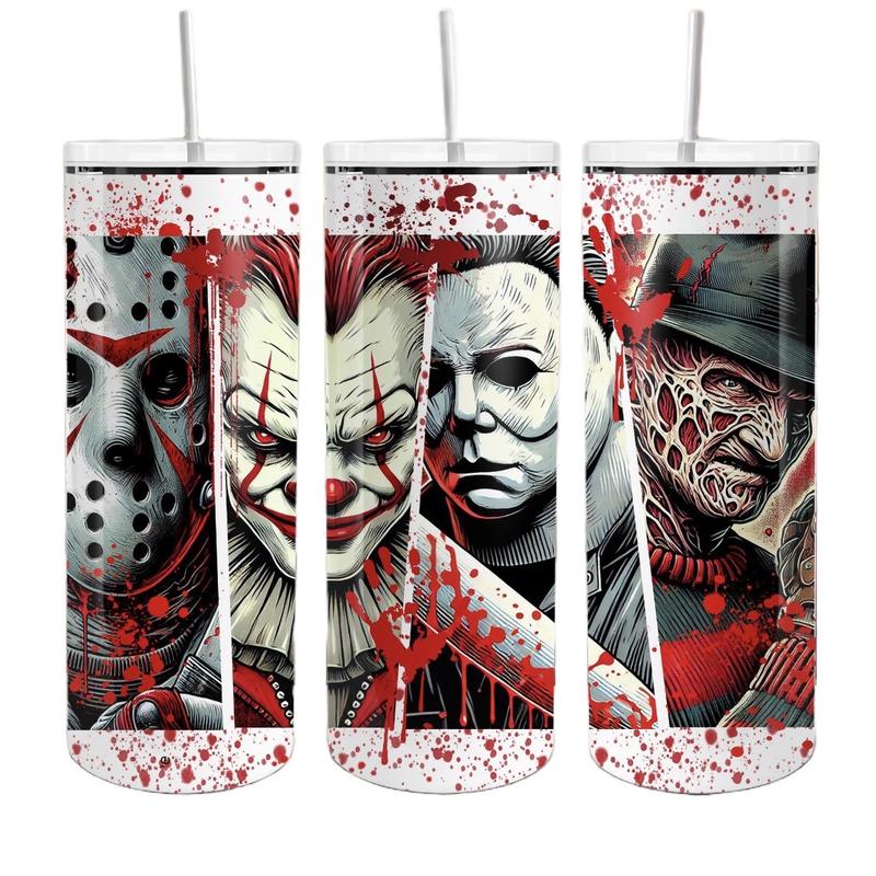 Halloween Jason, IT the clown, Michael Myers, and Freddy 20oz Skinny Tumbler - Perfect for Halloween Parties - Bottle, Drinkware