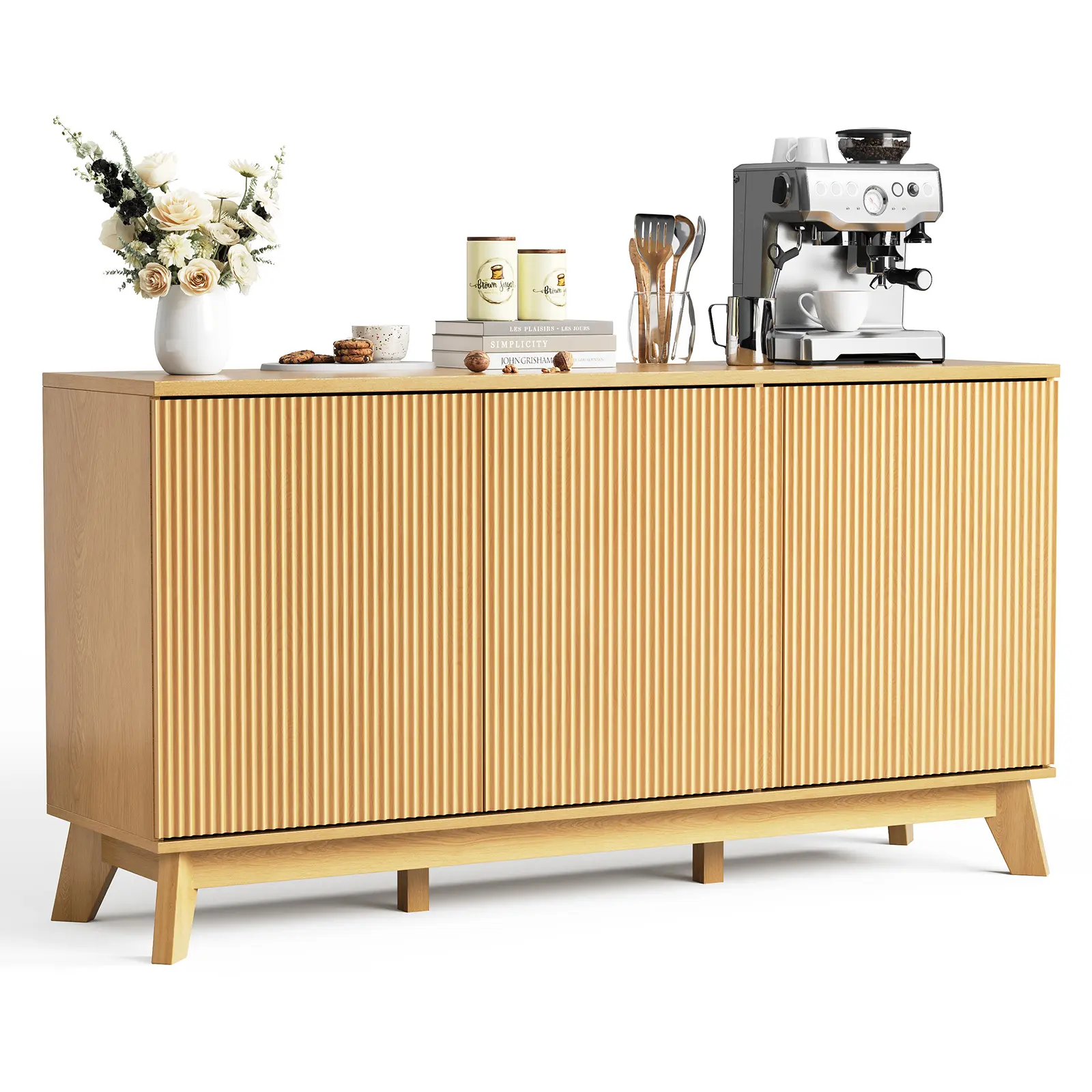 58-Inch Sturdy Oak Modern Farmhouse Sideboard, Fluted Wood Furniture with 3 Grooved Doors & Adjustable Storage, Curved Edge Buffet Table for Entryway Coffee Bar Organizer