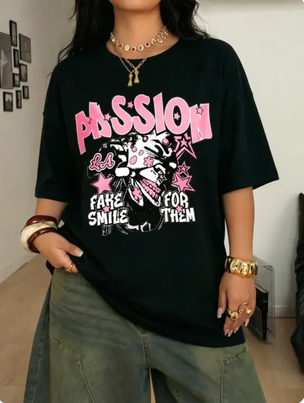 Passion Fake Smile For Them Clown Graphic Womens Tee City Stroll Street Gathering Summer Cotton Short Sleeve Y2K Punk Heat Transfer Tshirt
