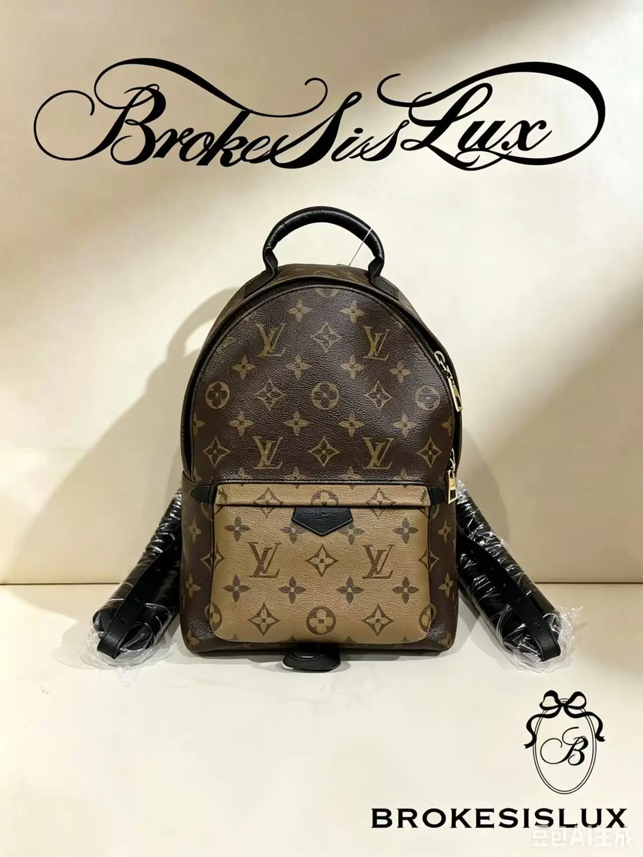 Pre-owned Louis Vuitton LV Mini Palm Springs Reverse Monogram Canvas Backpack | Black Leather Straps, Dual Tone Print