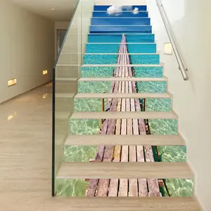 Wooden Pier & Sea Pattern Stair Sticker, 13pcs/set Waterproof Self-adhesive Stair Sticker, Removable Wall Sticker for Home Decor