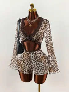 LUSHY Spring Summer Outfit Women's Vintage Leopard Print Sheer Low-Cut Sexy Jumpsuit, Trendy Y2K Streetwear Aesthetic for Night Out and Parties