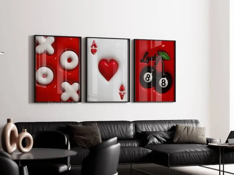 Red Set of 3 Hypebeast Wall Art, 3D Print, Trendy Urban Street Art, Cool Game Room Poster Unframed , HypeBeast Print, Ace Card Print, Lucky 8 Ball Art