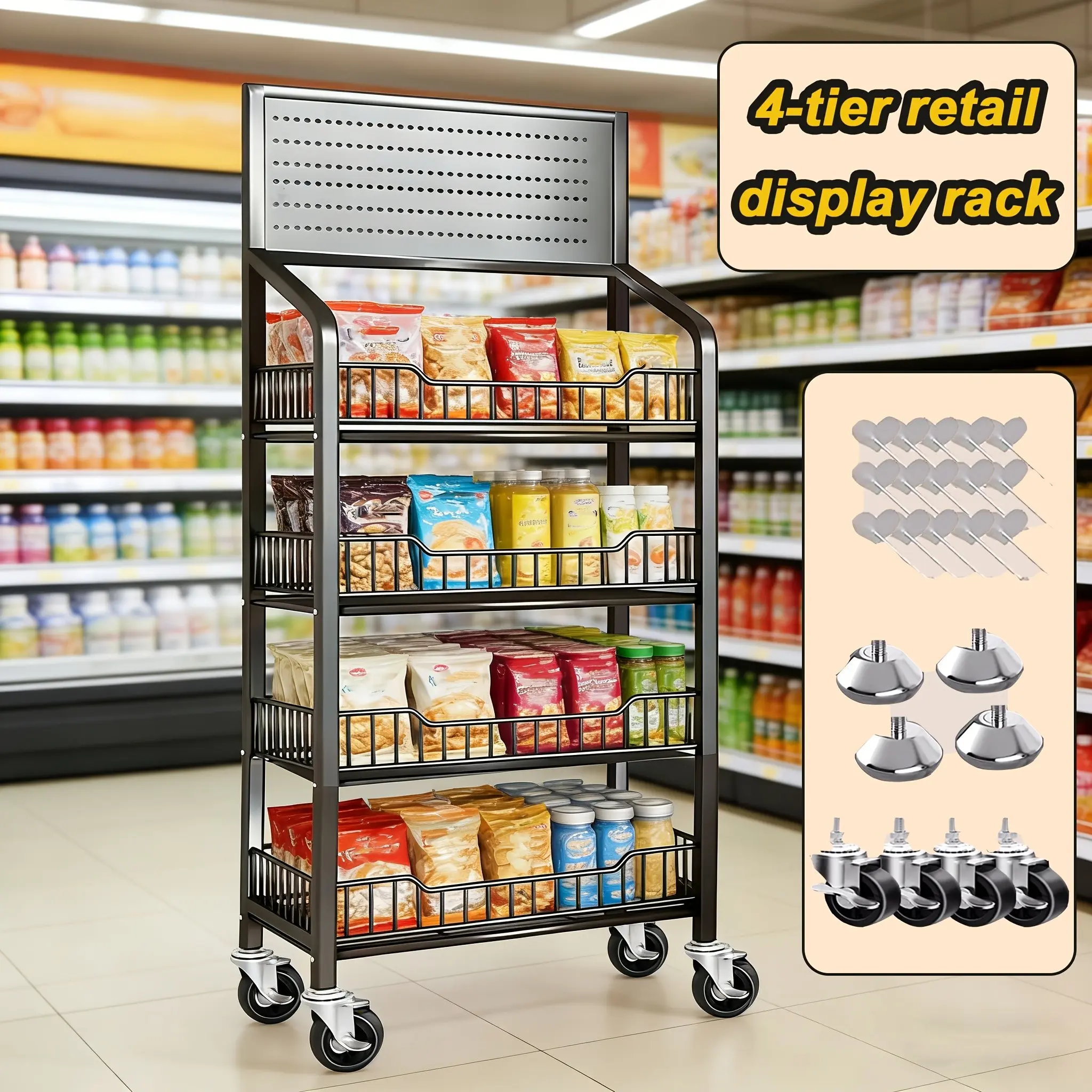 Commercial Supermarket Shelf Display Rack, Free Standing Snack Shelf with 15 Hooks & Wheels, Pantry/Garage/Retail Store Rolling Food Rack, Suitable for Stores, Kitchen, Office (4 Layers) Storage and Organization