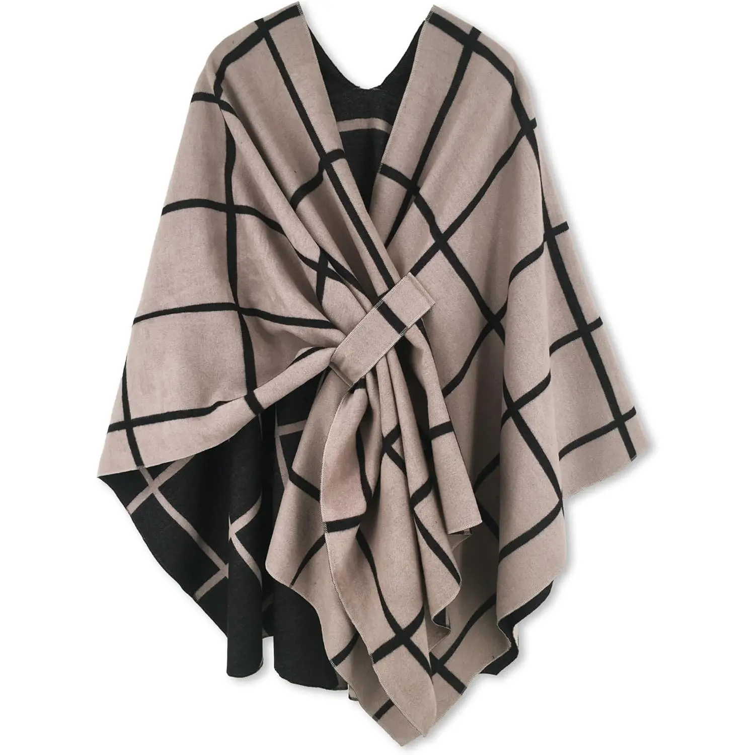 Women's Double-Threaded Reversible Color-Block Open Front Poncho Shawl - Navy White Casual Cape Wrap for Travel, Beach Cover-Up, Mother's Day Daily Presents
