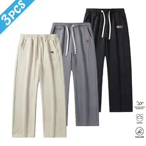 Men's 3-Pack Soft & Comfortable Joggers - Drawstring Waistband, Leather Label Decor, Perfect for Relaxed Casual Wear, Ideal for Layering