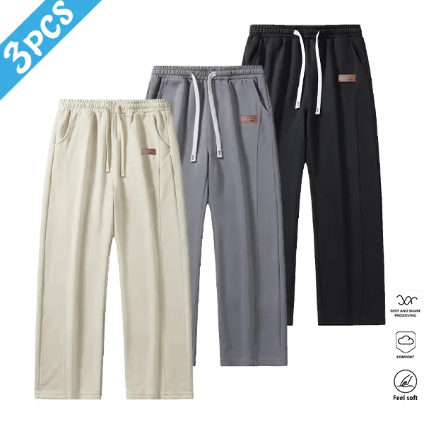 Men's 3-Pack Soft & Comfortable Joggers - Drawstring Waistband, Leather Label Decor, Perfect for Relaxed Casual Wear, Ideal for Layering