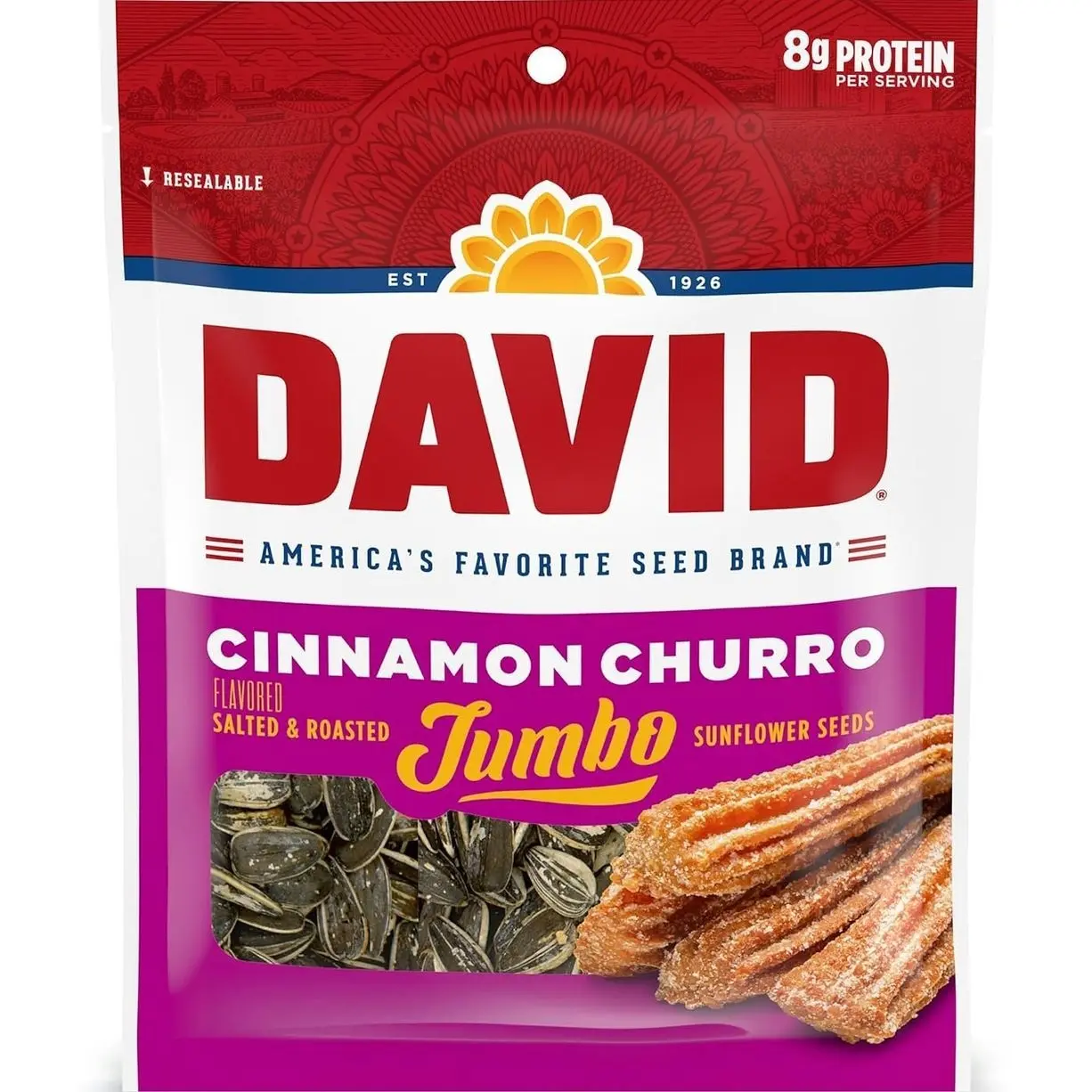 DAVID Jumbo Sunflower Seeds, Cinnamon Churro Flavor, Easter Basket Stuffer for Baseball Players, 5.25 oz. (Pack of 12)