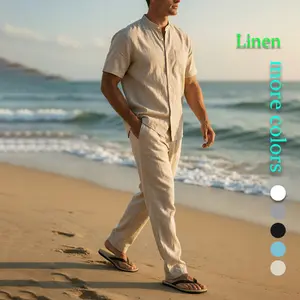 Men's Linen 2-Piece Outfit - Short Sleeve Stand Collar Shirt & Loose Pants, Breathable Summer Beach Casual Set