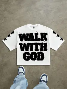 Oversized White Tee With ‘Walk With God’ Slogan — Bold Streetwear Statement! Grunge Black Print, Relaxed Fit & Star Accents For Urban Cool. Perfect For Casual Layering.