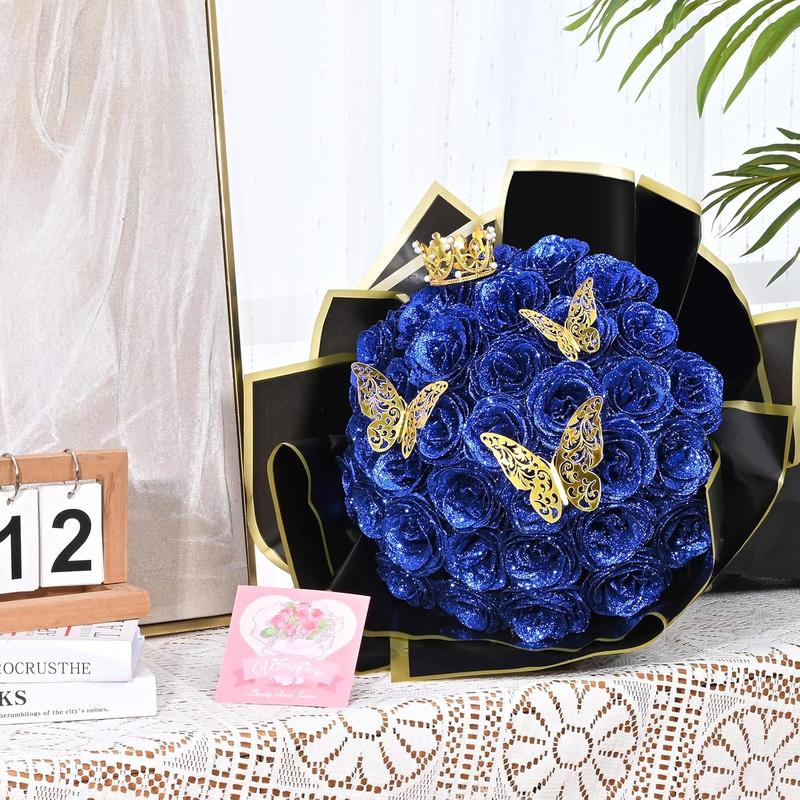 Glitter Roses Bouquet, DIY  Glitter  Bouquet, Everlasting Shiny Artificial Blue Rose Bouquet, Anniversary, Engagement, Wedding,24 Roses