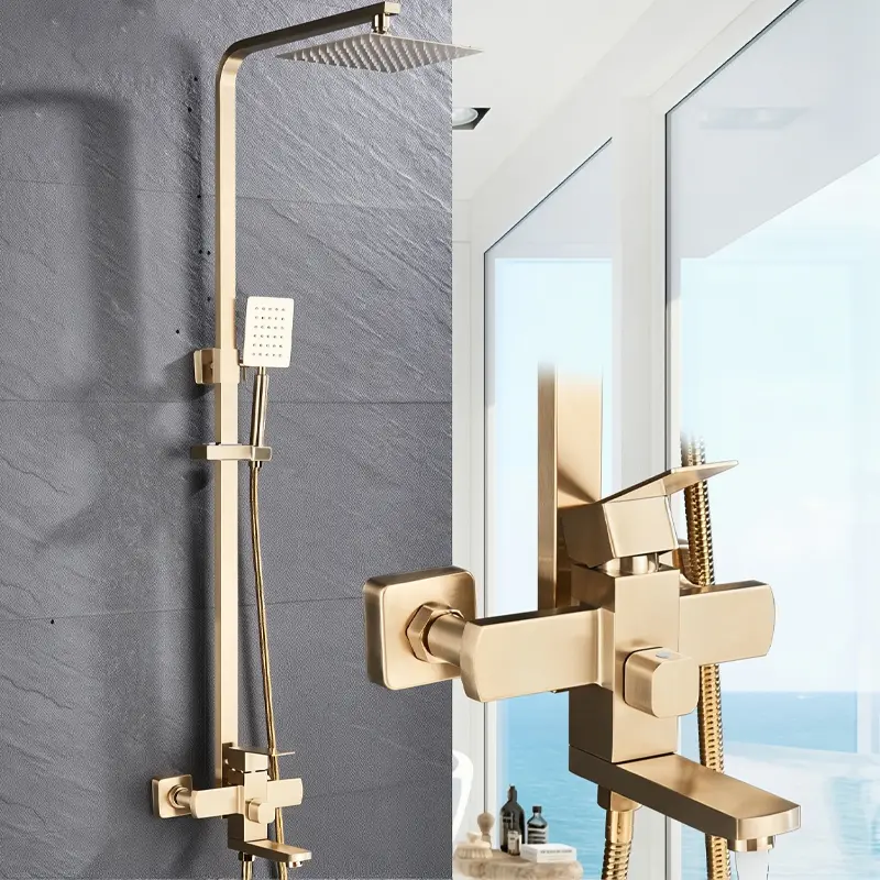 Luxury Brushed Gold Bathtub Shower System with 8” Rain Showerhead & Handheld Spray - Wall-Mounted Shower Faucet, Splitter Valve, Stainless Steel Suitable for Bath Tub, Modern Bath Fixture for Contemporary Bathrooms