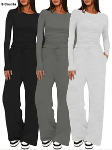 Women's Solid Ruched Drawstring Loungewear Set, Casual Long Sleeve Round Neck Top & Pocket Wide Leg Trousers, Ladies Sleepwear for All Seasons
