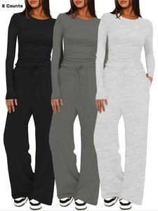 women's solid ruched drawstring loungewear set, casual breathable long sleeve round neck top & pocket wide leg trousers, ladies sleepwear for all seasons, womenswear, knitting pajama