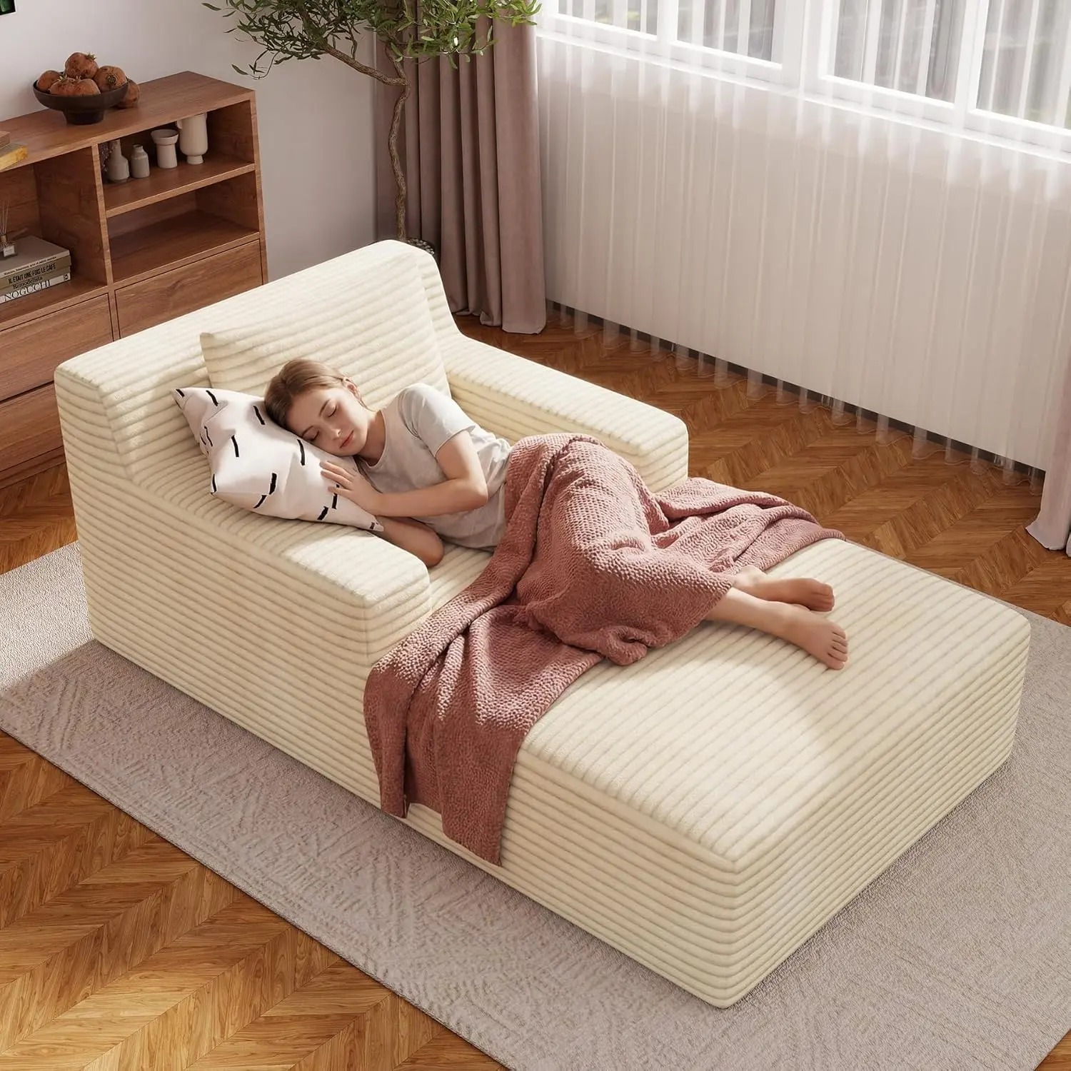 【Deals for you】Modern Rope-Woven Base Sofa (with Sleeping Function) – Sofa and Chaise Lounge Set, Includes 1 Cushion, Comfortable Sofa Perfect for the Living Room, No Assembly Required, Beige, 160 × 105 × 72