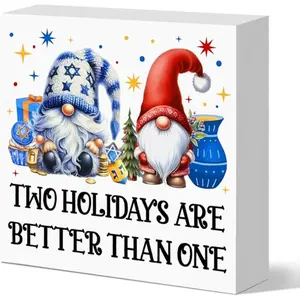 Hanukkah Christmas Desk Decor Chrismukkah Two Holidays Are Better Than One Wooden Box Sign for Chanukah Xmas Home Office Desk Table Top Shelf Decorations, 5x5 Inches