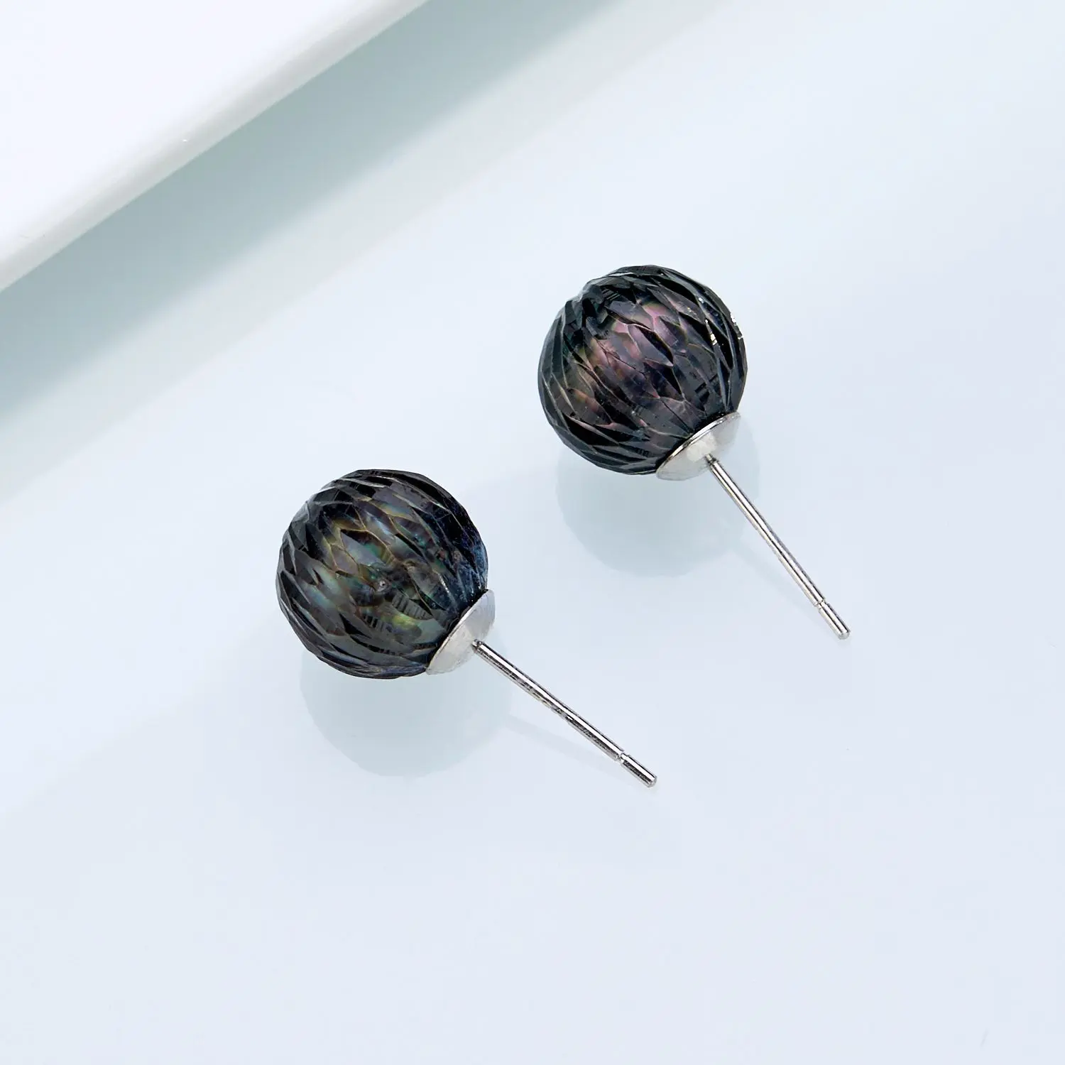 925 Sterling Silver Post AAA Tahitian Black Pearl Stud Earrings - 10-11mm Round Iridescent Dragon Scale Texture - Classic Modern Luxury Ocean Jewelry for Adults, Daily Wear