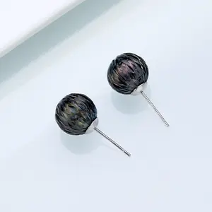 10–11mm AAA Tahitian Black Pearl Stud Earrings – Round Dragon Scale Texture – 925 Sterling Silver Posts – Luxury Ocean Jewelry