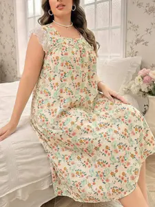 Bubble Cotton Summer Nightgown, Princess Style, Loose-Fit, All-Over Print, Lace Trim, Medium-Length, Plus Size, Casual Home Wear