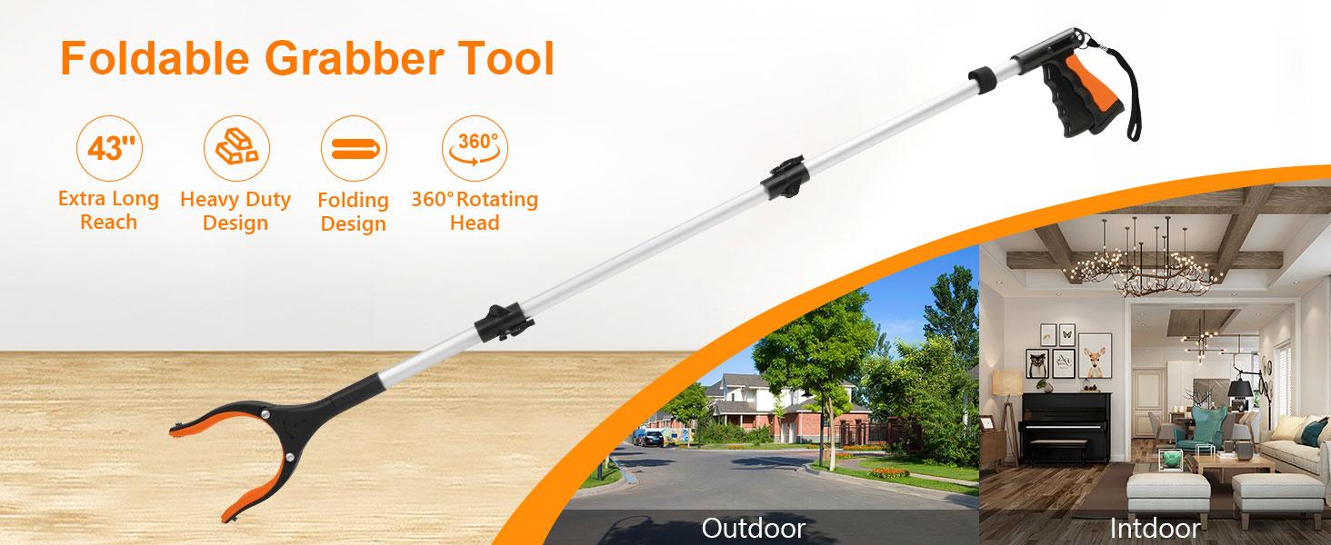 43" Extra Long Reacher Grabber Tool - Foldable, Rotating Jaw with Magnets, 4" Wide Claw, Heavy Duty Durable Gardening Pickup Tool for Elderly, Durable Gardening Tool