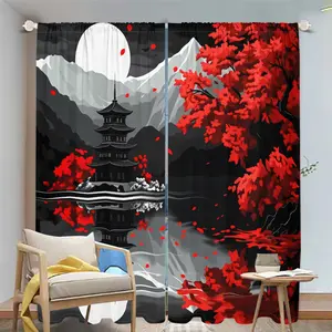 2Pcs Japanese Style Pagoda Red Maple Leaf Curtains, Scenic Landscape Print Drapes for Living Room, Bedroom, Kitchen and Home Decor Translucent tube bag design
