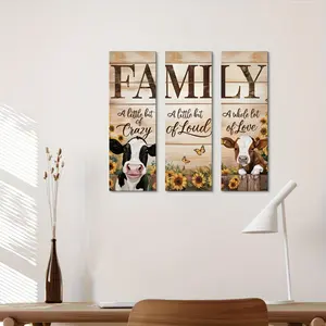 3pcs Rustic Wooden Wall Art Set - Family Themed Decor with Cows & Sunflowers Wooden Texture, Farmhouse Wall Decor, Perfect Gift for Family Celebrations