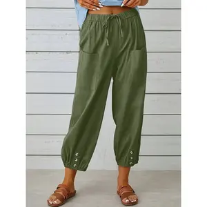 Women's high waisted drawstring wide leg pants, spring and summer loose cotton and linen pants, buttoned front nine point casual women's clothingRAIMENTRY