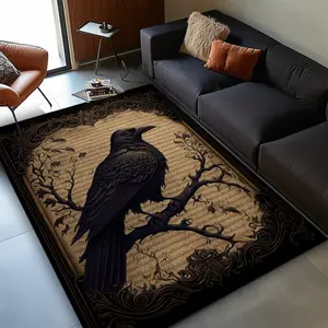 Black Crow and Floral Area Rug - Durable Polyester, Non-Slip Floor Mat, Suitable for Living Room, Bedroom, Bathroom, Kitchen, Office, Outdoor Decoration, Large Size Options Available, Office Chair Carpet Mat, 800g/m², Bedroom Decoration |   Artistic Floor