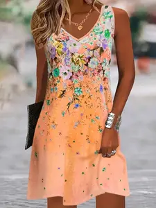 Plus Size Women's Summer Sleeveless V-Neck Floral Print Dress, Loose Fit Asymmetrical Hem A-Line Short Beach Vacation Dress, Casual Wear, Boho Lounge Dress