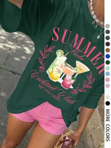 Women's Casual Aesthetic Homewear Fruit Cocktail Print Round Neck T-Shirt Top, Stylish Loose-Fitting Tee for Summer Vacation, Perfect for Daily Outdoor Wear