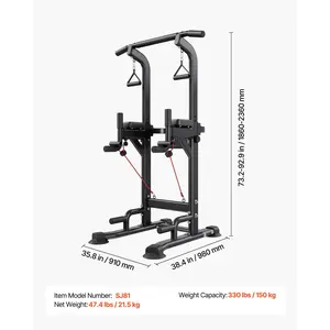 VEVOR Pull Up Bar, 330 LBS Power Tower Dip Station, Workout Dip Station with H-Shaped Stable Base Back Pad, Adjustable 12 Level Height Free Standing Chin Up Bar for Back, 4-Level Adjustable Back Pad