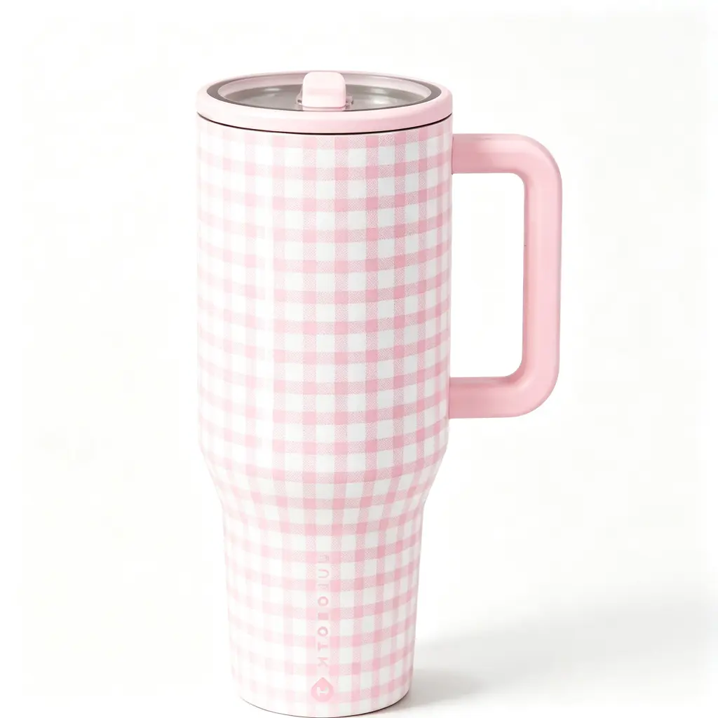 HydroJug 40 oz Pink Plaid Vacuum Insulated Stainless Steel Travel Tumbler - 100% Leakproof, Spill-Resistant, Includes Handle & Straw, Car Cup Holder Compatible, Ideal for Gym Use Drinkware Flasks Flasks Mug Bottles Bottled Water Bottles Portable