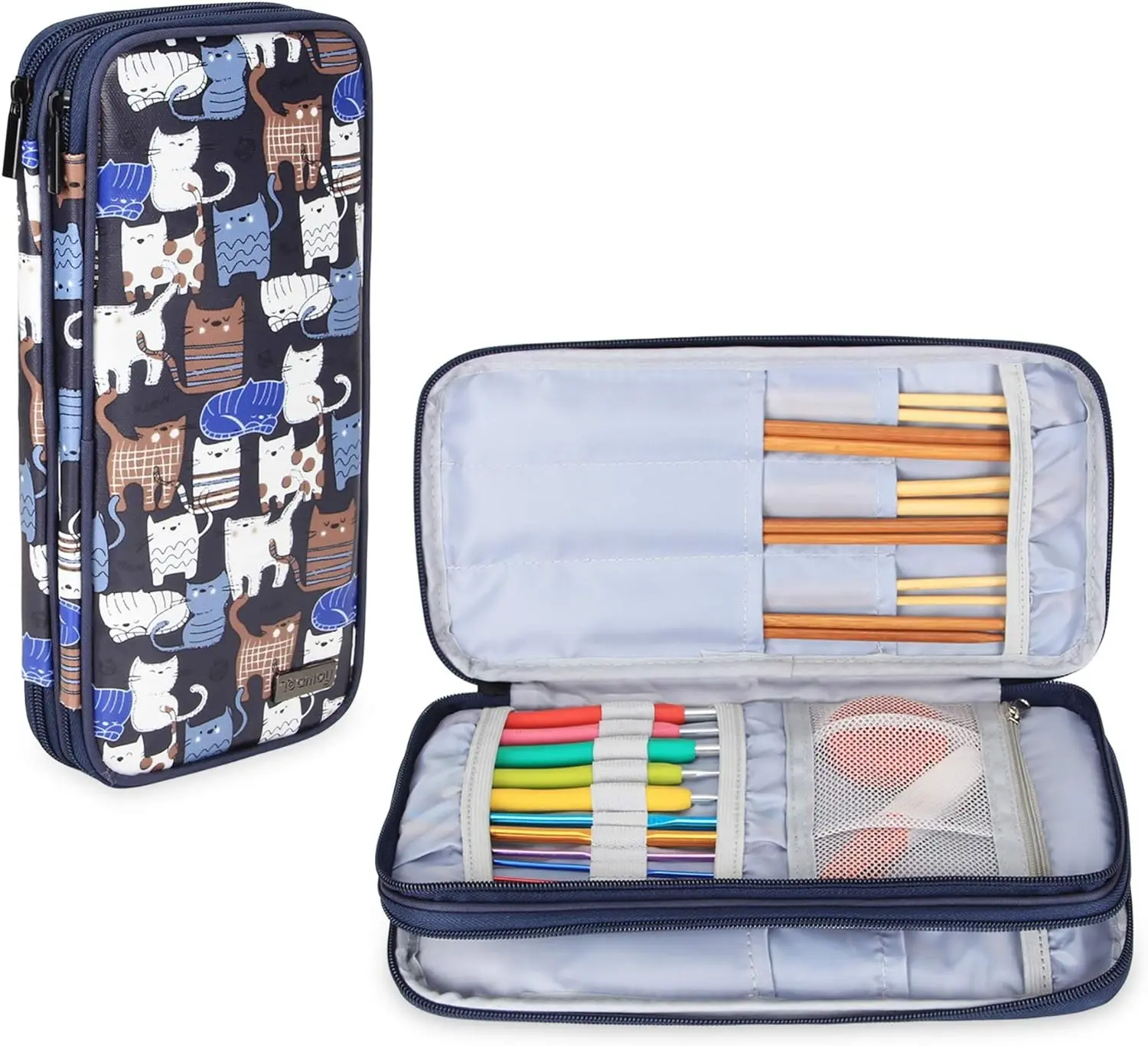 Teamoy Knitting Needles Organizer, Travel Crochet Hook Case, Blue Cats | Crochet Needles Storage Bag for Circular and Straight Knitting Needles(up to 10"), Crochet Hooks and Accessories, Bag Only Gift
