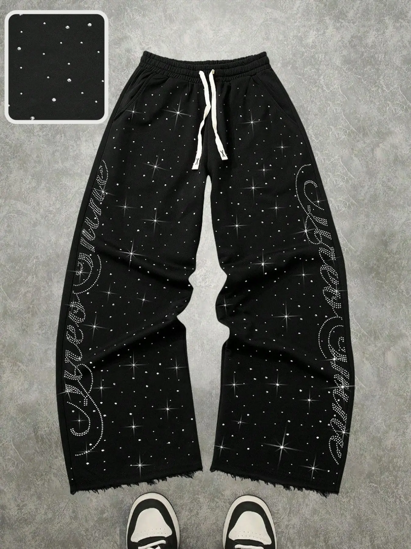 Full Print Rhinestone Star Letter Wide Leg Loose Baggy Sweatpants, American Luxury Street Style Casual Long Pants, Trendy Fashion Streetwear Bottoms, Aesthetic