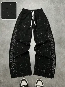 Full Print Aesthetic Rhinestone Star Letter Wide Leg Sweatpants, American Luxury Street Style Casual Long Pants, Trendy Fashion Bottoms, Streetwear