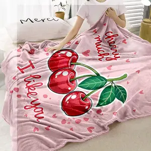 Cherry Pattern Blanket, Soft Comfortable Throw Blanket, Air-conditioned Room Blanket, Warm Nap Blanket for Home Office Travel Camping, Slogan Print Blanket