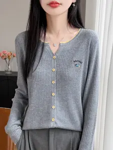 New Spring Summer Merino Wool Women's V-Neck Open Front Cardigan, Loose Fit Slimming Solid Color Air Conditioning Jacket
