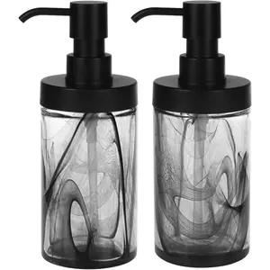 2 count Black Marble Glass Hand Soap Dispenser Set for Bathroom&Kitchen Decor,Easy Refill Wide-Mouthed Thick Glass Soap Bottle with Rust Free ABS Pump,Liquid Dish Soap Lotion Dispenser-12.5 Oz
