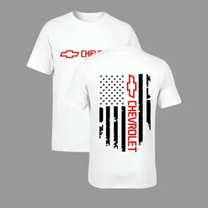Chevrolet "American Flag" Themed Print T-Shirt, Men's Pure Cotton Crew Neck Short-Sleeved Shirt, Retro Street Style, Loose And Comfortable Fit, Everyday Casual Wear, Outdoor Sportswear, Machine Washable, Summer Clothing.