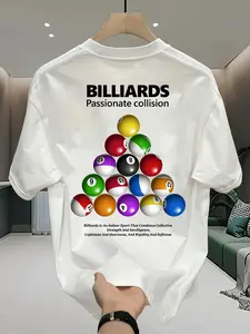 Men'S Fashionable Billiards Passionate Collision Graphic T-Shirt - Casual Regular Fit Short Sleeve Summer Top with Vibrant Pool Ball Design, White, Slight Stretch Fabric, Perfect for Billiard Lovers