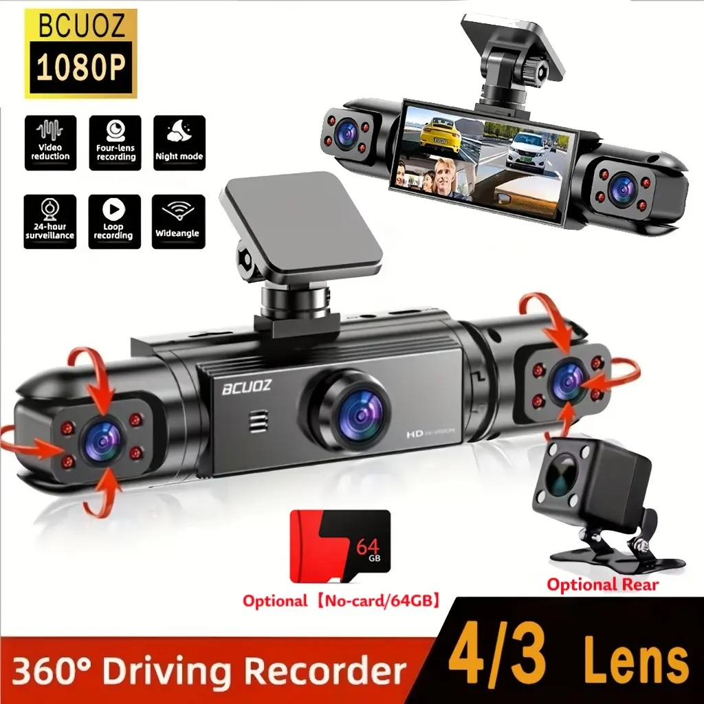 1080P HD Dash Cam, 4 Lens Front/back/left/right, Night Vision, Emergency Lock, Loop Recording, Clear Image, Smooth Multi-Lens Switching, Automotive Dashcam, HD Dash Camera
