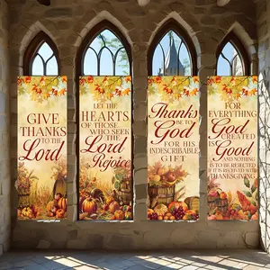 4 Pcs Religious Banners, Polyester Material Thanksgiving religious vertical hanging banners autumn harvest pumpkin maple leaf print scripture text Christian church living room dining room prayer space wall decoration pendants