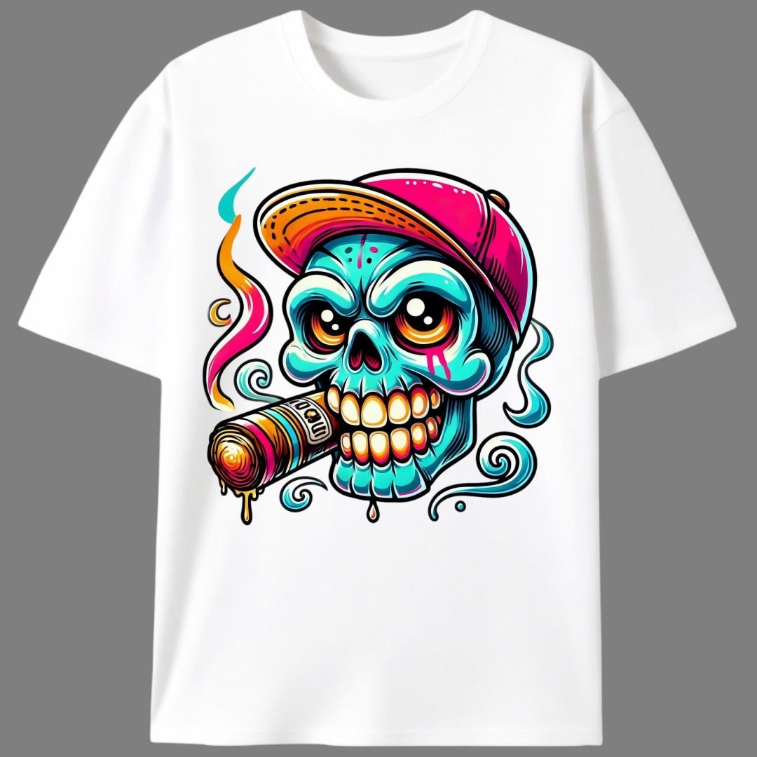 Skeleton Smoking Cigar With Hat Cartoon Summer T-Shirt, Unisex Streetwear Graphic Tee, Urban Skeleton Casual Shirt for Skate & Street